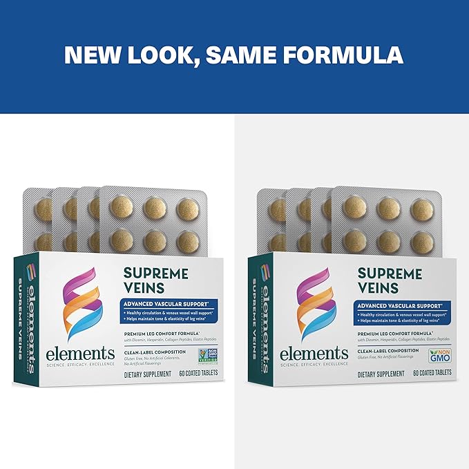 Elements Supreme Veins, 60 Tablets (30 Day Supply), Advanced Vascular Support Supplement, Supports Healthy Circulation and Elasticity in Leg Veins, Gluten Free