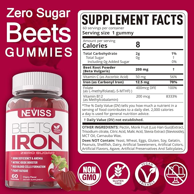 Beet Root Gummies with Iron, Methyl B12, Folate, Vitamin C, Increase Nitric Oxide & Iron Levels, Energy Support, Fight Fatigue, Beetroot & Gentle Iron Supplement for Women Men, Sugar Free, 60 Counts