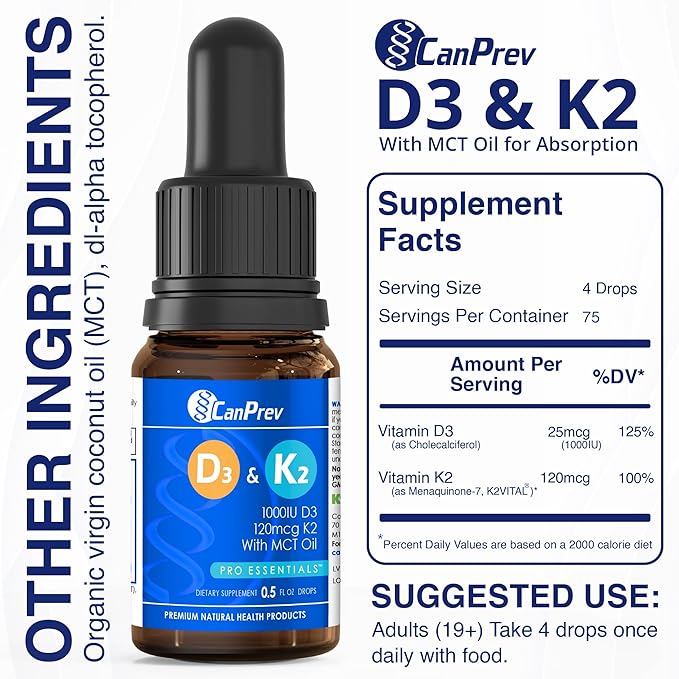 CanPrev D3 & K2 Drops - MCT Oil Base, 15ml Liquid Vitamin Supplement, 450 Drops with 250IU D3 & 30mcg MK-7 K2, Supports Strong Bones & Teeth, Easy-to-Take Formula, Free from Gluten, Dairy, Soy & Sugar