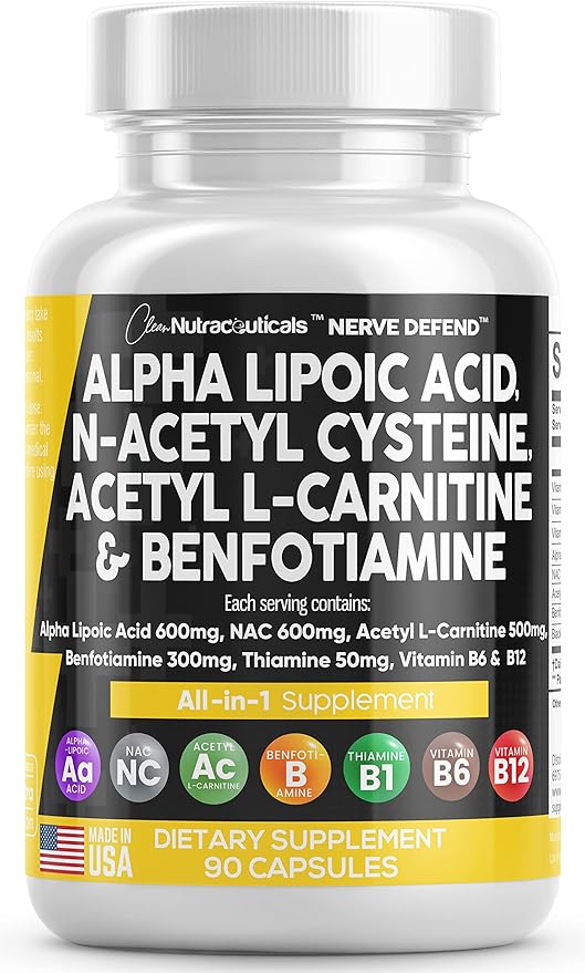 Alpha Lipoic Acid 600mg N-Acetyl Cysteine 600mg Acetyl L-Carnitine 500mg Benfotiamine 300mg - Nerve Support Supplement for Women and Men with Vitamin B1, B6 & B12 - Made in USA 90 Caps