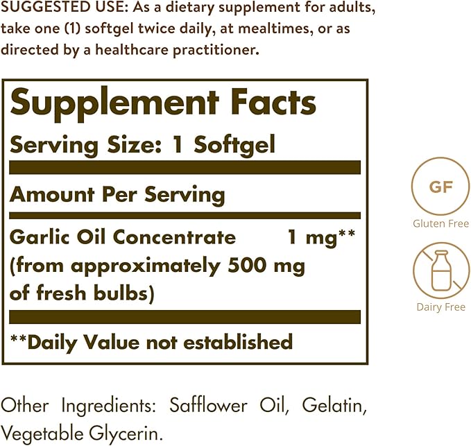 Solgar Garlic Oil Perles, 250 Softgels - Natural Cardiovascular Support - Garlic Oil Concentrate, Reduced Odor - Gluten Free, Dairy Free - 250 Servings