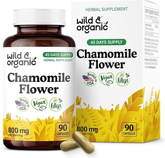Wild & Organic Chamomile Capsules 800 mg - Relaxation & Digestive Support - Herb Chamomile Powder Supplement - Matricaria Recutita Flower - Vegan, No Fillers, Non-GMO - 90 Count