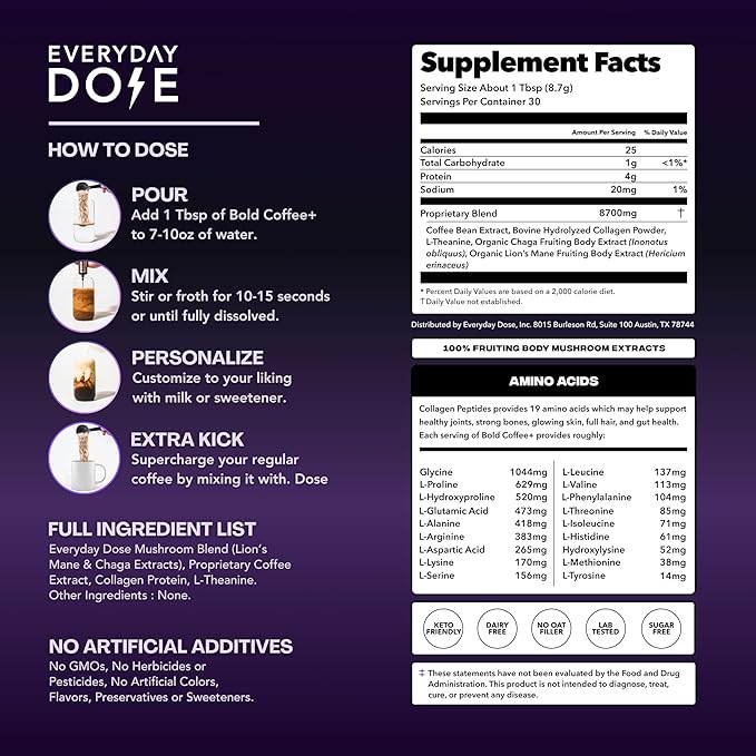 Everyday Dose Bold Medium Roast Mushroom Coffee 90mg Caffeine per Serving with Grass-Fed Collagen, Chaga, Lions Mane & L-Theanine for Better Focus, Energy, Digestion, Skin, and Immunity 30 Servings