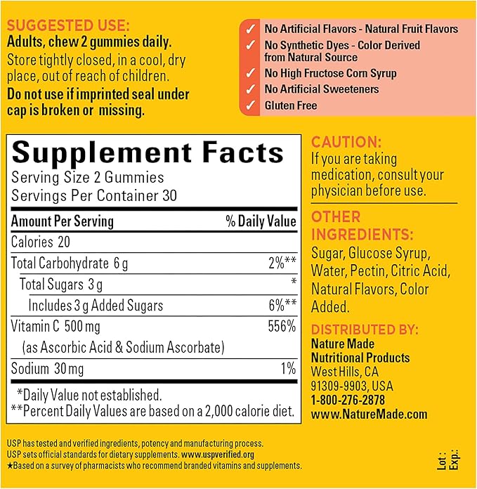 Nature Made Extra Strength Dosage Vitamin C 500 mg per serving, Dietary Supplement for Immune Support, 60 Gummies, 30 Day Supply