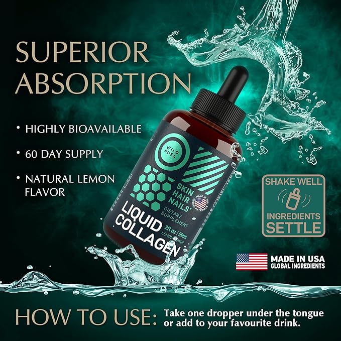WILD FUEL Liquid Collagen Peptides with Biotin Vitamins for Hair Skin and Nails - 10,000mcg Liquid Collagen for Women and Men 5,000mcg Biotin - Lemon Flavor, 2-Month - 2 oz