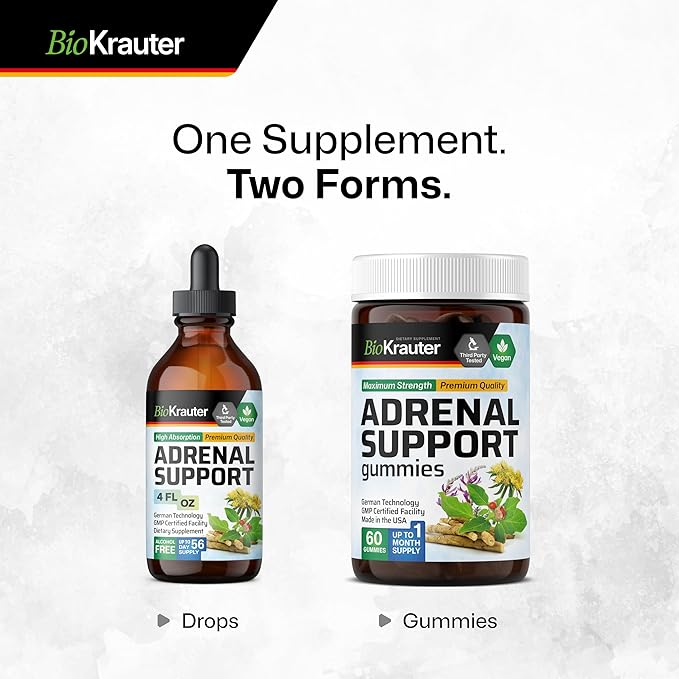 BIO KRAUTER Adrenal Support Tincture - Rhodiola & Ashwagandha Supplements - Vegan Mood Support Drops 4 Fl.Oz.