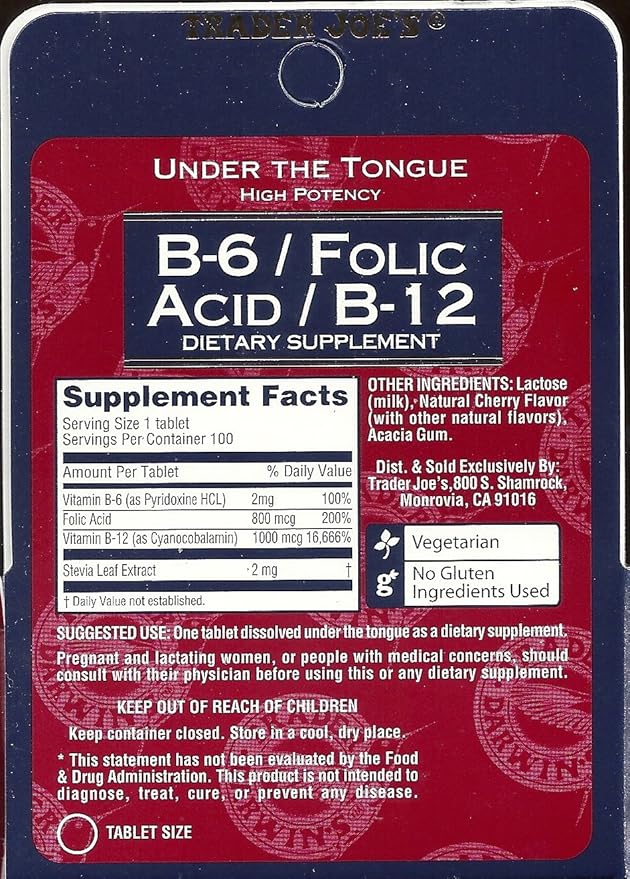 Trader Joe's Under The Tongue B-6 / Folic Acid / B-12 Dietary Supplement, 100 Tablets