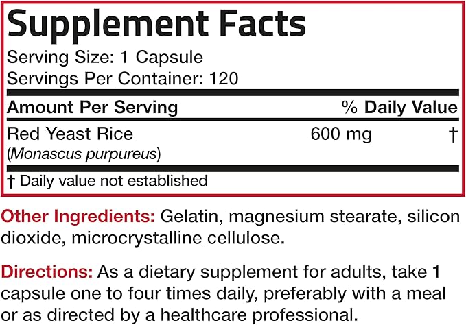 Bronson Red Yeast Rice 600 MG Monascus Purpureus Herbal Health, Non-GMO, 120 Capsules