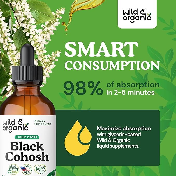 Wild & Organic Black Cohosh Tincture 540 mg - Herbal Supplements for Women - Black Cohosh Root Extract - 5-Month Supply - Vegan, Sugar & Alcohol-Free Liquid Drops - 4 fl oz