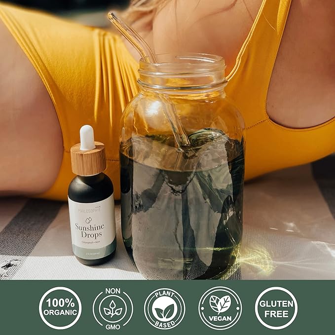 Philosophie Liquid Chlorophyll Sunshine Drops for Water | Organic Chlorophyll Drops with Mint for Detox, Internal Deodorant & Energy Boost | Natural Vegan Supplement, Non-GMO, 2oz
