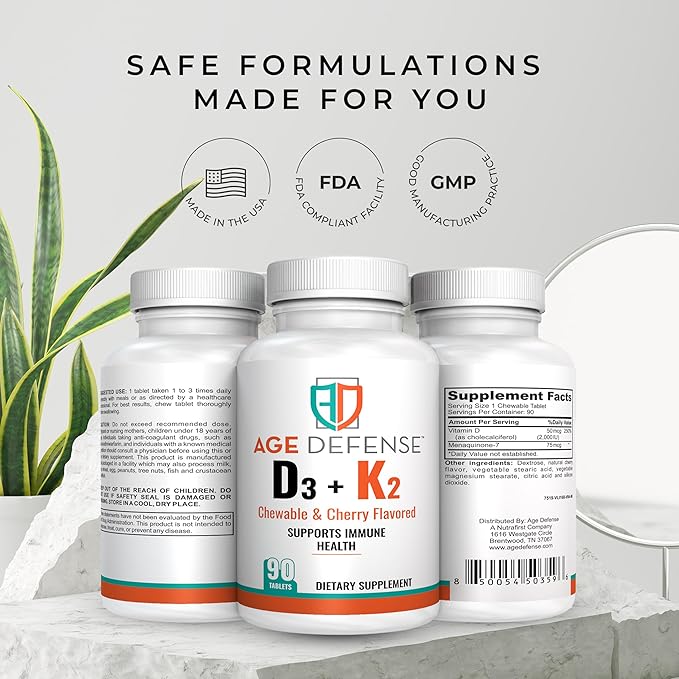 Vitamin D3 2000 IU with K2-90 Chewable Tablets with Cherry Flavoring-Natural Energy Booster-Supports Vitality, Immune Health, & Overall Wellness-Vitamin D3 with Vitamin K2 for Men & Women