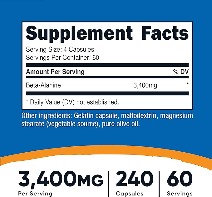 Nutricost Beta-Alanine Capsules 3400mg, 240 Caps (2 Pack) - Potent Beta Alanine, Gluten Free & Non-GMO, 850mg Per Cap, 60 Serv Per Bottle