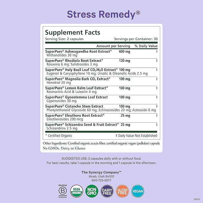 PURE SYNERGY Stress Remedy | Soothing Supplement with Ashwagandha | Organic Adaptogen Support from Rhodiola, Lemon Balm, and Holy Basil | for Stress Relief, Adrenal Health, and Mood (60 Capsules)