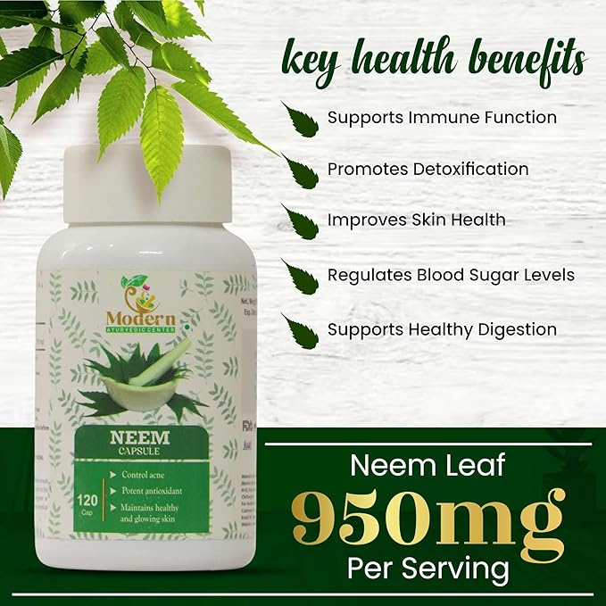 Modern Ayurvedic Center Organic Neem 120 Capsules Supports Acne Control, Antioxidant Protection, Healthy & Glowing Skin Pure Neem (Azadirachta Indica) Supplement for Natural Wellness