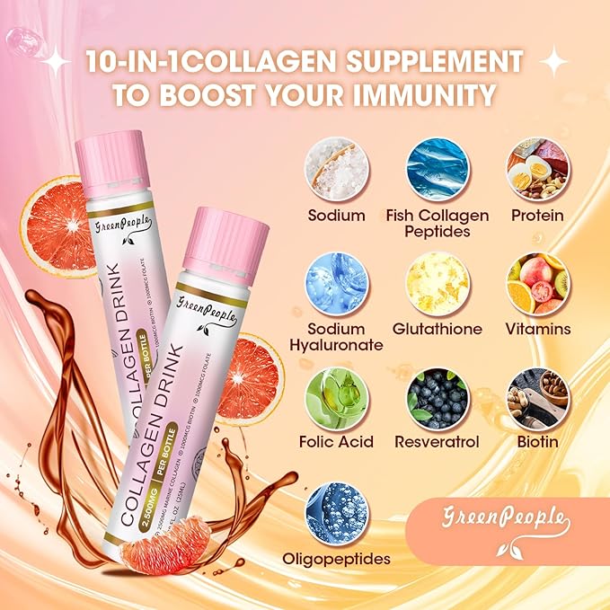 Liquid Collagen for Women & Men, 2500mg Fish Collagen Peptides + Hyaluronic Acid + Vitamin Bs & C, Hair Skin Nails Joints Bones Support (0.85 fl oz, 10 Bottles, Grapefruit)