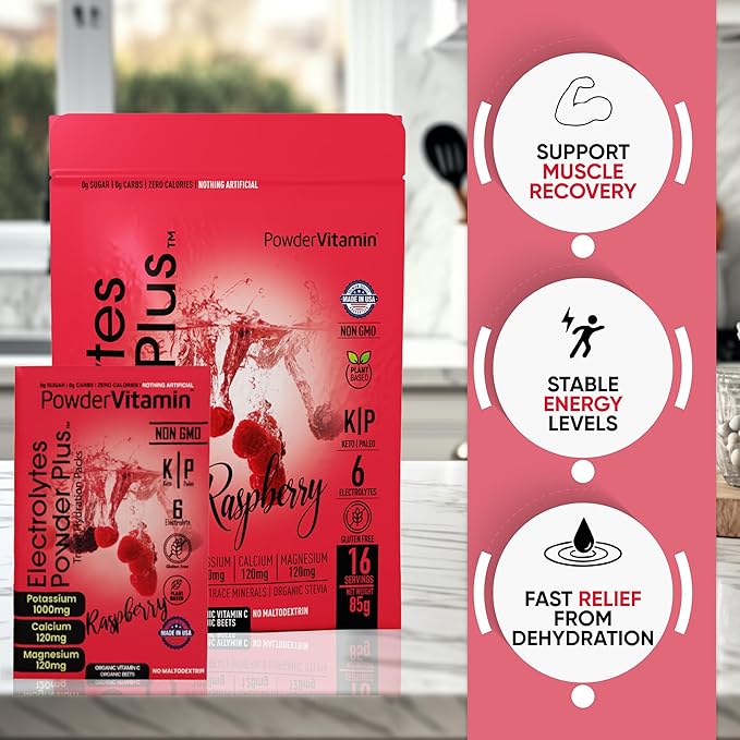 Electrolytes Powder Plus, Keto, Raspberry, Sugar Free, Pink Himalayan Salt, 1000mg Potassium, 120mg Calcium, 120mg Magnesium, Non-GMO, Zero Calories, (16 Hydration Packets)