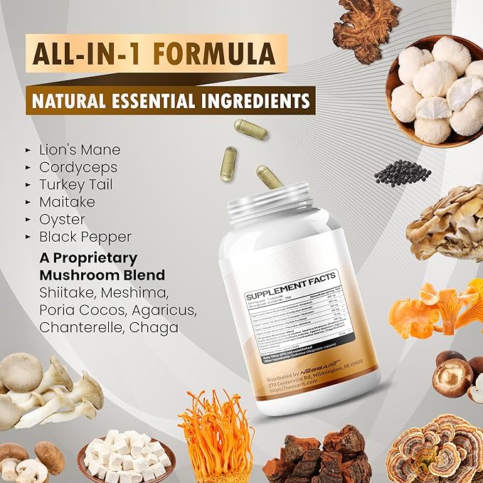 Lion's Mane Supplement - 12-in-1 Natural Blend with Cordyceps Turkey Tail Maitake Oyster Shiitake Meshima Poria Cocos - 150 Count - Made & Tested in The USA