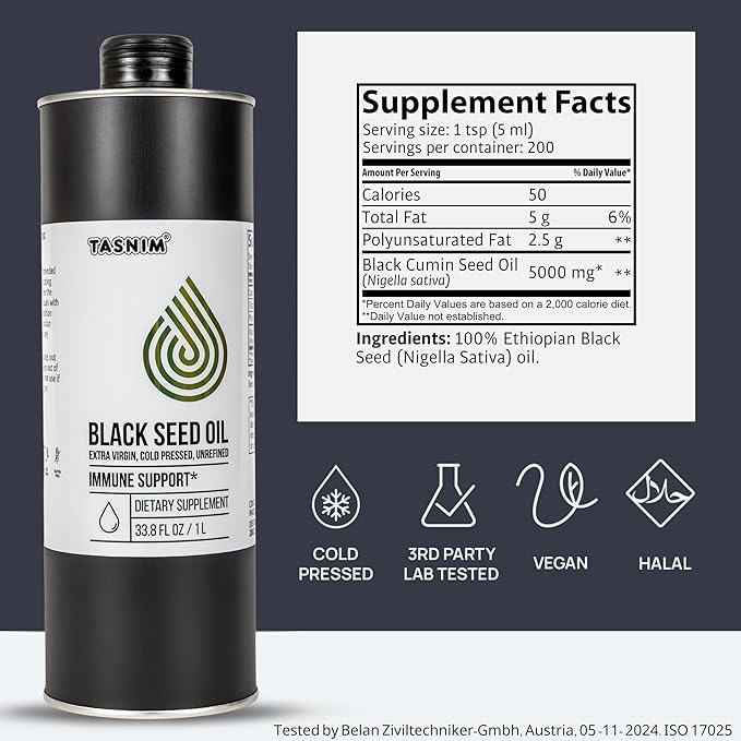 Tasnim Black Seed Oil (35.27 fl oz) | Cold Pressed for Immune Support (21% Thymoquinone) | Skin & Hair