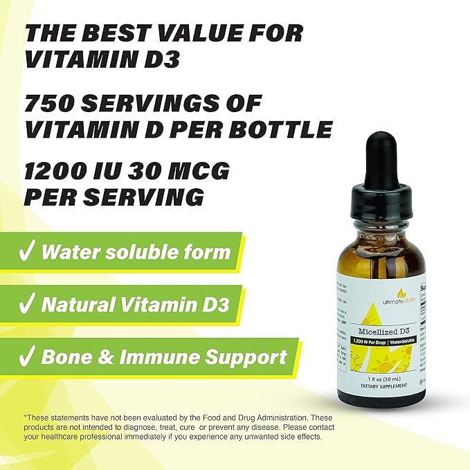 Micellized Vitamin D3 Liquid 750 Servings 1200 IU Per Drop, Best Value, Natural, Soy Free, Water Soluble - 1 Ounce