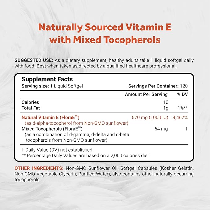 Sunflower Vitamin E 670mg (1000 IU) with Mixed Tocopherols | Essential Skin Vitamin & Immune Support | Non-GMO, Soy & Gluten Free | 120 Softgels