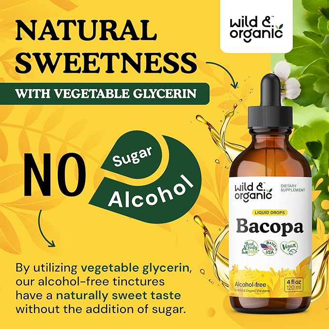 Wild & Organic Bacopa Liquid Drops - Herbal Tincture for Brain Support - Vegan Supplements with Bacopa Monnieri Extract Liquid - 5-Month Supply - Sugar & Alcohol-Free - 4 fl oz
