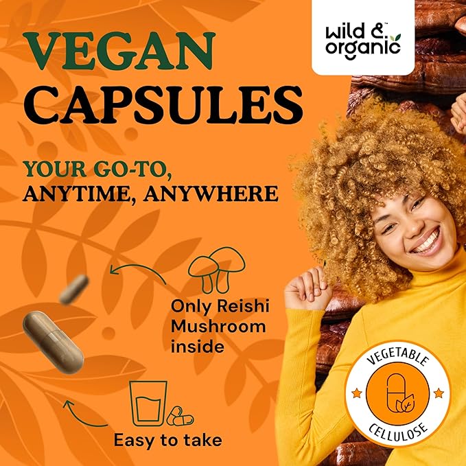 Wild & Organic Reishi Mushroom Capsules 1000 mg - Immune & Energy Support - Red Reishi Mushroom Extract - Ganoderma Lucidum Supplement - 60 Vegan Capsules - 30 Days Supply, Non-GMO, Gluten-Free