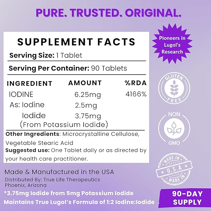 Lugol’s Iodine Tablets 6.25mg – Precise-Dose Thyroid & Energy Support – No Harsh Liquid, Stable Potassium Iodide Supplement – 90 Ct, Non-GMO, No Preservatives