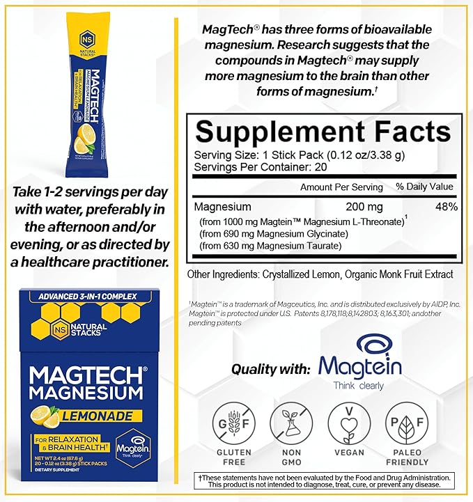 MagTech Magnesium Drink Mix Lemonade - 3 Forms of Magnesium: Magtein L-Threonate, Glycinate & Taurate - 200mg Chelated Magnesium Complex - Supports Relaxation & Brain Health* - 20 Stick Packs