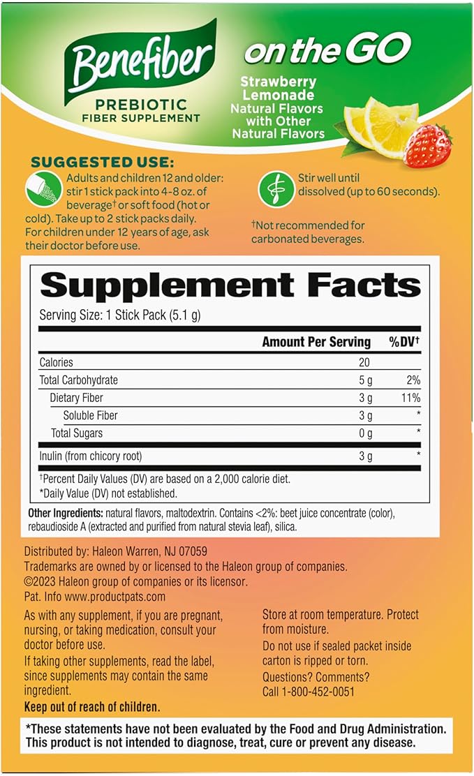 Benefiber Fiber Supplement, Strawberry Lemonade, On The Go Stick Packs, 36 Count
