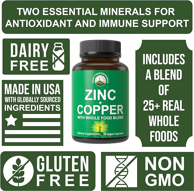Zinc with Copper + Whole Food Blend of 25 Vegetables and Fruits for Max Absorption. Immune Support Supplement Capsules. Two Essential Minerals for Immunity. Zinc Vitamin Pills for Men and Women.
