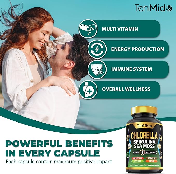 Organic Chlorella Supplement for Men and Women, 7in1 Formula with Spirulina, Sea Moss, Chlorophyll, Gotu Kola, Boswellia & Bacopa - Immune Support - Rich in Nutrient, Vitamins - 120 Capsules