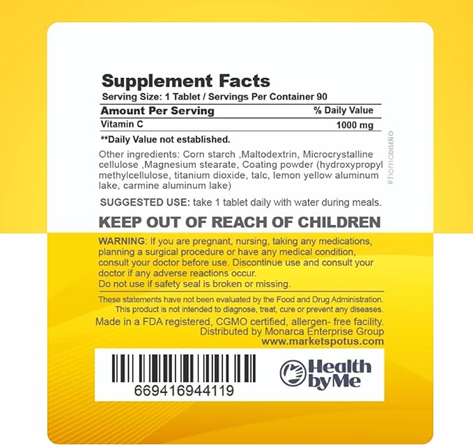 Vitamin C 1000mg per Serving, Dietary Supplement Immune Support and Antioxidant Supplement, 90 Tablets, 90 Day Supply, Supports Skin, Energy & Collagen Health