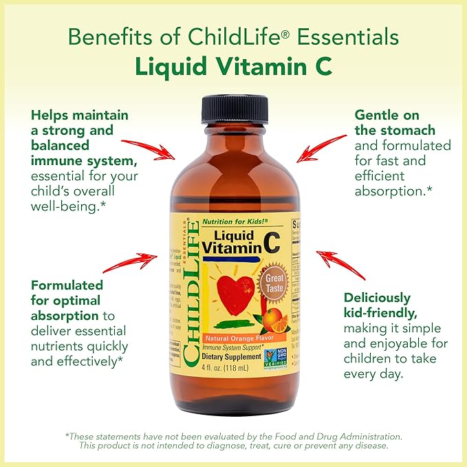 CHILDLIFE ESSENTIALS Liquid Vitamin C - Pure Vitamin C Liquid, Vitamin C for Kids, Liquid Supplement, Immune System Support, Great Taste - Natural Orange, 4 Fl Oz (Pack of 3)