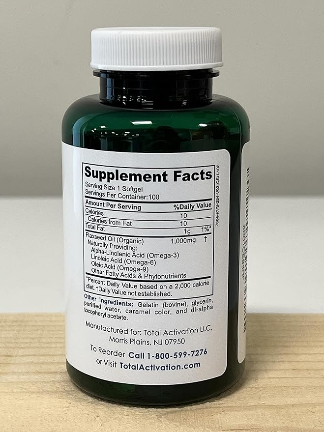 Organic Flaxseed Oil 1,000 mg Omega-3, Immune System Booster with Omega 3,6,9 from Natural ALA, Supports Healthy Hair, Skin and Nails, 100 Rich Liquid Softgels Per Bottle
