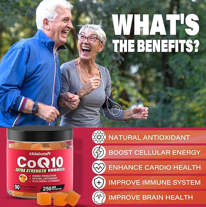 Sugar Free Coq 10 Gummies 250mg with Vitamin E, Omega-3, High Absorption Coenzyme Q10 Supplements for Heart, Energy & Antioxidant Support,Orange Flavor, Vegan, 90 chewable Gummies