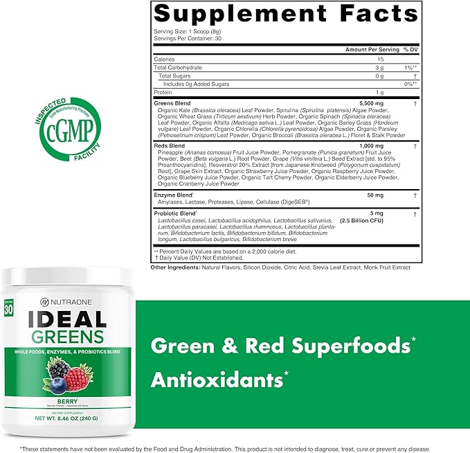 NutraOne Ideal Greens Antioxidant and Nutrient-Rich Superfood Greens Powder Supplement Berry- 30 Servings