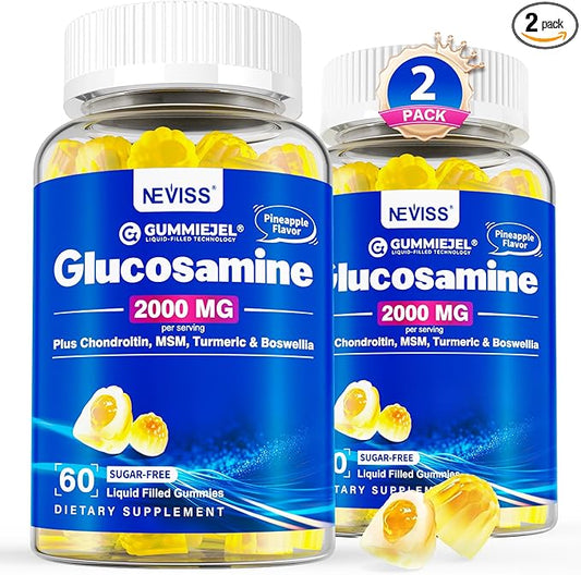 NEVISS Sugar Free Glucosamine Filled Gummies - Glucosamine Supplement Plus Chondroitin, MSM, Turmeric, Boswellia, Hyaluronic Acid, Vitamin D3 & Zinc, 120 Gummies, 60 Servings