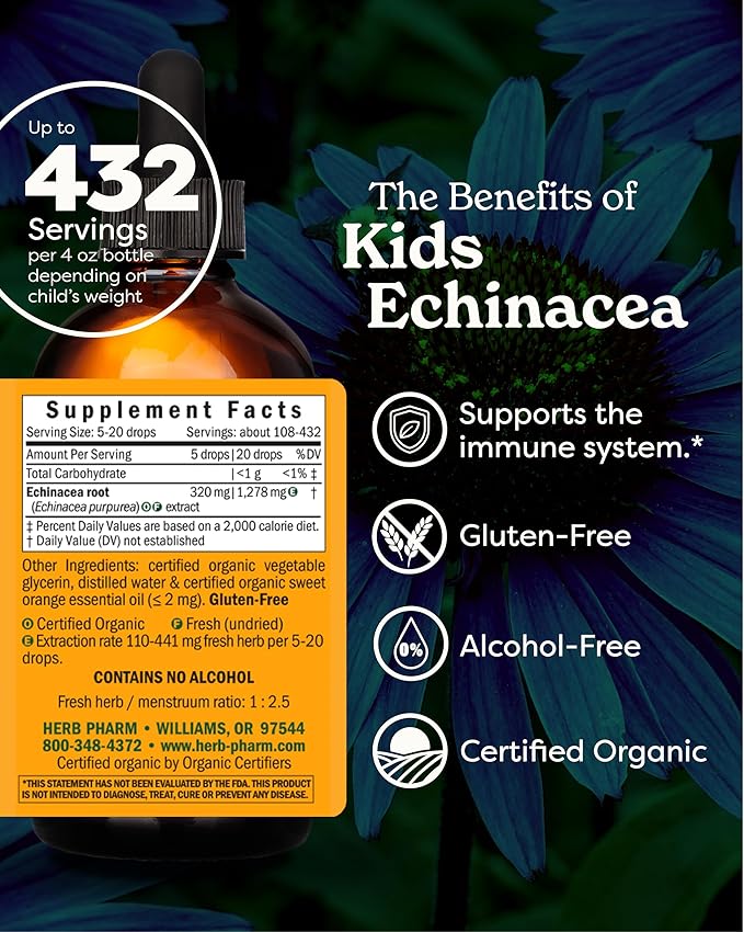 Herb Pharm Kids Certified-Organic Alcohol-Free Echinacea Glycerite Liquid Extract, 4 oz