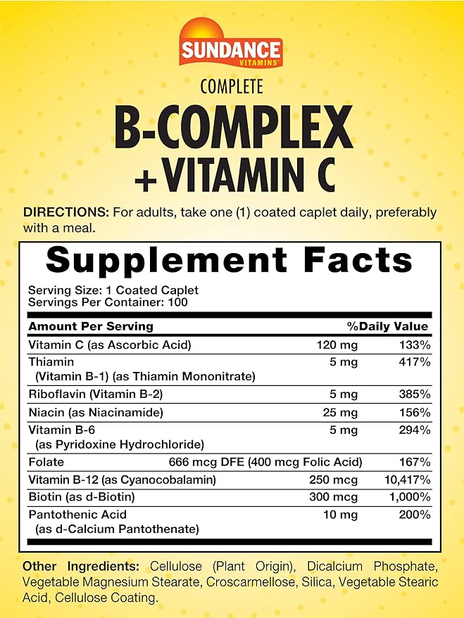 Sundance Complete B-Complex with Vitamin C | 100 Caplets | Essential Vitamin Formula | Vegetarian, Non-GMO, and Gluten Free Formula