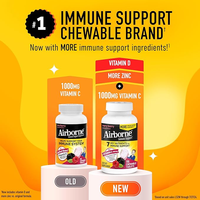 Airborne Vitamin C 1000mg (per Serving) - Very Berry Chewable Tablets (116 Count in a Bottle), Gluten-Free Immune Support Supplement, with Vitamins A C E, Zinc, Selenium, Ginger, Antioxidants