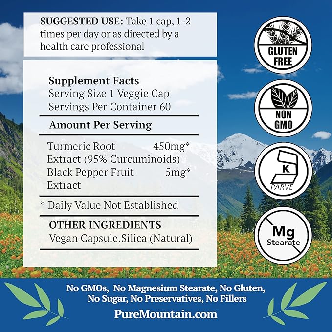 Turmeric Capsules with Black Pepper Extract 60 Kosher Vegan Caps 450mg Turmeric Root