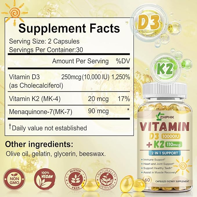 D3 K2 Vitamin 10,000 IU, K2 Vitamin with D3 Supplement High Potency Non-GMO Formula, Immune Supports, Bone & Heart Health Microingredients Vitamin D3 K2 Complex (MK-4 & MK-7), 60 Softgels