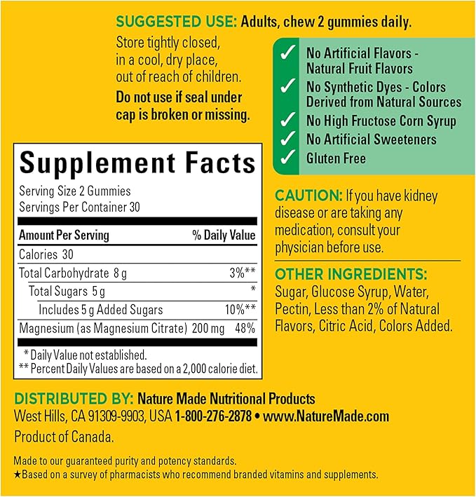 Nature Made High Absorption Magnesium Citrate 200 mg per serving, Magnesium Supplement for Muscle, Nerve, Bone and Heart Support, 60 Magnesium Gummies, 30 Day Supply