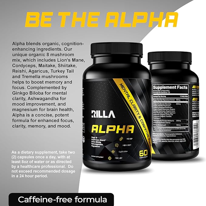 RILLA, Alpha Nootropic Brain Supplement for Focus Clarity Memory Mood, 8 Mushroom Blend, Ginkgo Biloba, Ashwagandha, Magnesium for Natural Energy, Memory, Caffeine-Free for Concentration