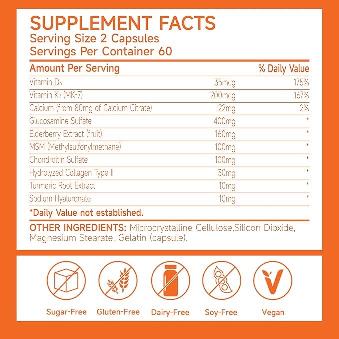 Glucosamine Chondroitin and MSM with Elderberry Extract - Joint Support & Immune Health Supplement, 120 Capsules, 60 Day Supply