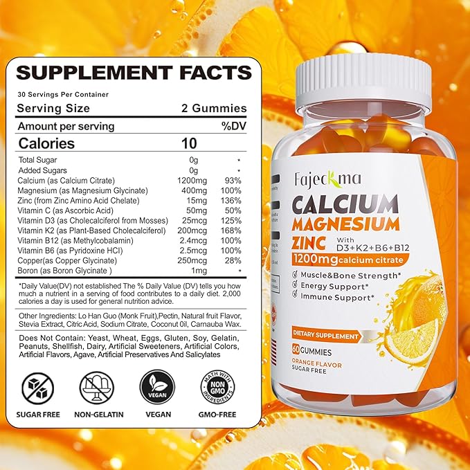 Calcium Magnesium Zinc Gummies for Adult: 1200mg Calcium Citrate with Vitamin D3 K3 - Natural Organic Sugar Free High Absorption Supplement for Women Men Kids(120Count)