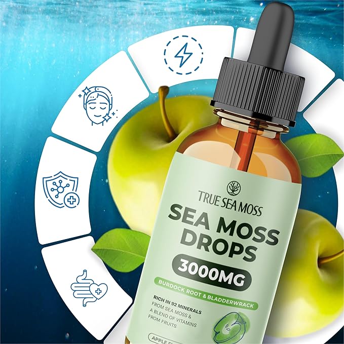 Irish Sea Moss Drops - 5X Stronger Than Sea Moss Gel - 92+ Essentials Minerals - with Bladderwrack, Burdock Root & Black Cumin - 2 Fl Oz (60ml) - Apple Flavor