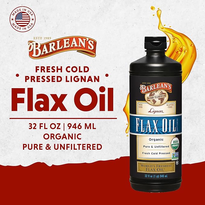 Barlean's Organic Lignan Flaxseed Oil Liquid Supplement from Cold Pressed Flax Seeds, 7,230 mg ALA Omega-3 Fatty Acids, Cold Press Flax Seeds, 32 oz