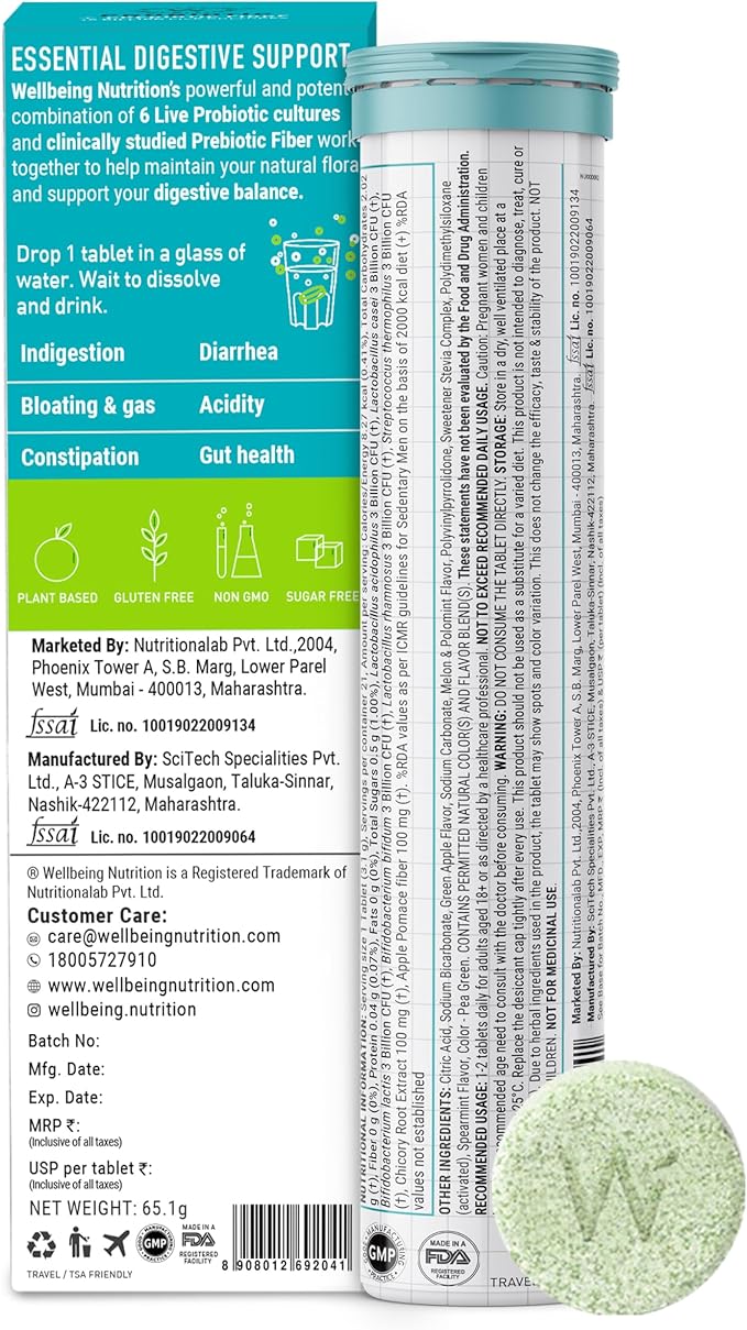 WELLBEING NUTRITION Daily Probiotic + Prebiotic| Plant Based |18 Billion CFU, 6 Strains for Men & Women with Organic Prebiotic Fiber for Digestion, Gut Health, Metabolism | 42 Effervescent Tabs