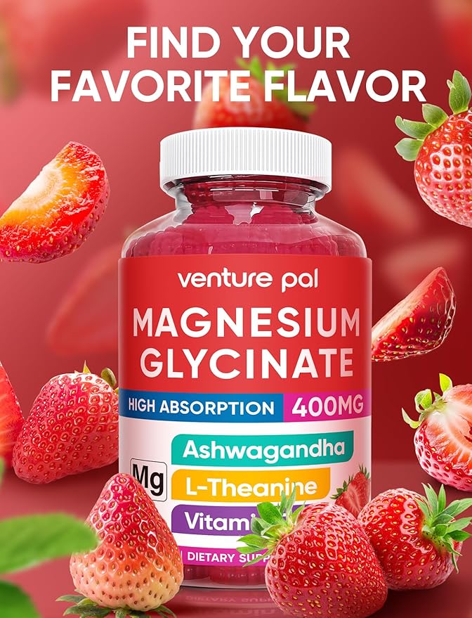 Venture Pal 60 Day Supply Magnesium Glycinate Gummies with Ashwagandha for Adults and Kids, L-Theanine, CoQ10, Sugar Free Magnesium Supplement 400mg for Calm Mood & Sleep, Gluten-Free & Vegan